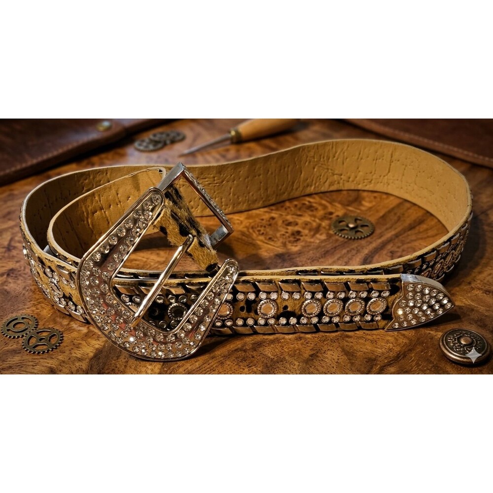 Women’s Hair‑On‑Hide Western Rhinestone Belt 45in Bling Buckle Cowgirl Studded